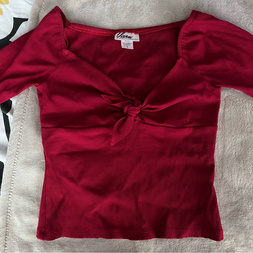 Vixen by Micheline Pitt Deep Red Ribbed Tie Me Up Top